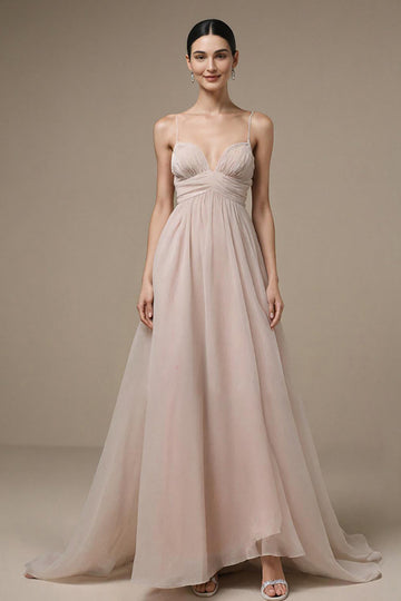 Robe longue formelle à bretelles spaghetti rose clair
